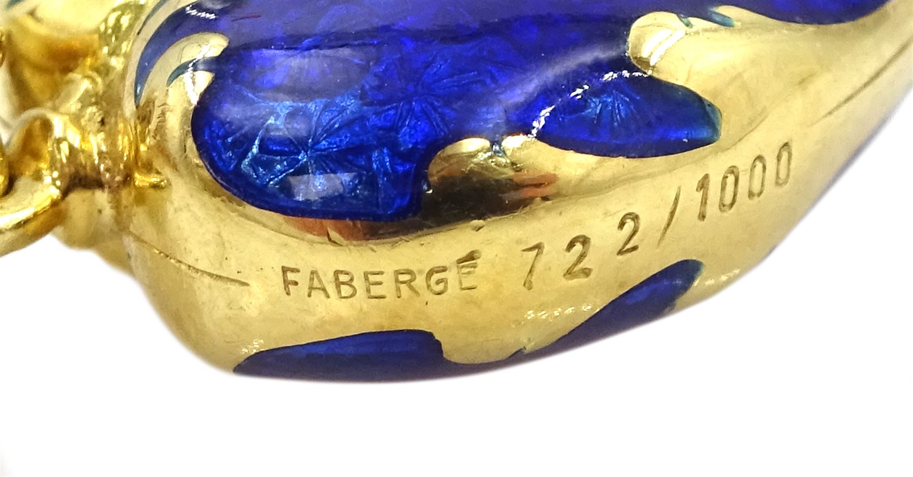 Victor Mayer for Faberge 18ct gold blue enamel heart shaped pendant, with applied gold four leaf clover decoration, limited edition No. 722/1000, on silver-gilt chain necklace, boxed