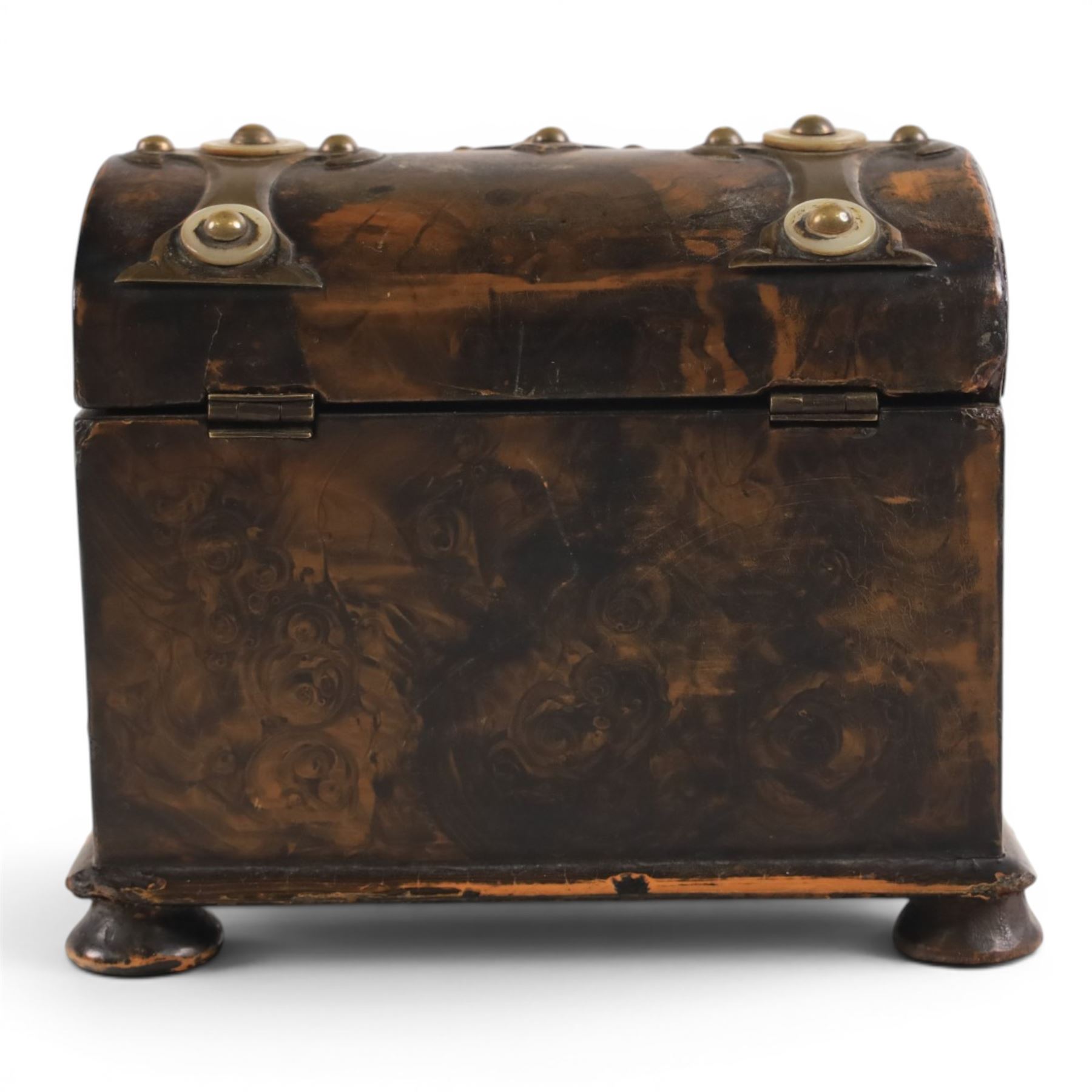 19th century tea caddy, with enhanced woodgrain design,  with brass and mother of pearl mounts, H13cm, L16cm