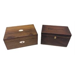 Mahogany tea caddy with inlay decoration and bone escutcheon, the hinged lid lifting to reveal lidded compartmented interior, together with an oak box with mother of pearl inlay, largest L25cm H11cm D17cm