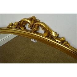  Gilt framed overmantle arched mirror, carved and pierced cresting rail, W123cm, H92cm  