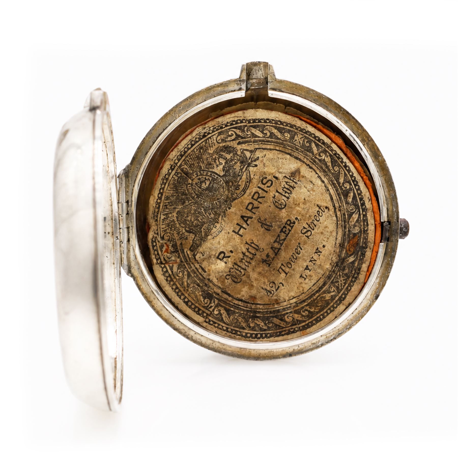 George III silver pair cased verge fusee pocket watch by W.C. Tooke, Lynn, No. 23960, pierced and engraved balance cock decorated with a mask, enamel polychrome dial depicting rope makers and personalised 'John Withers' hour markers, case by William Linsley, London 1814