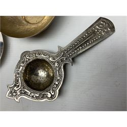 Yerba mate tea gourd calabash cup with silver-plated foliate mounts raised upon three hoof feet, together with silver-plate mounted coconut shell raised upon three pad feet, MYON chromium plated table lighter, Walker and Hall ashtray with five shilling coin to centre, tallest H15cm