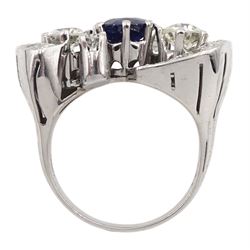 18ct white gold oval sapphire and round brilliant cut diamond dress ring, hallmarked, sapphire 0.94 carat, hallmarked, total diamond weight 1.23 carat, with World Gemological Institute Report