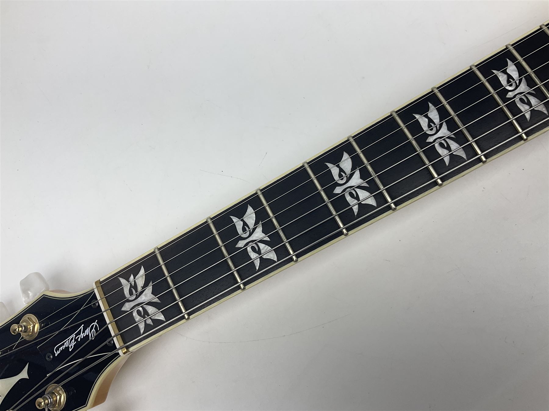 Ibanez George Benson 40th Anniversary arch top semi-acoustic guitar with floating pick-ups and mother-of-pearl inlay; model no.GB40THII serial no.S16120480; L104.5cm; in Ibanez hard carrying case with manual