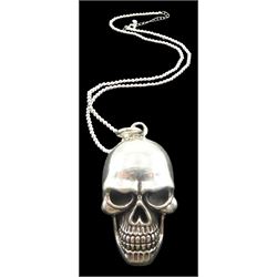 Large silver skull pendant, on silver bead necklace, both stamped 925