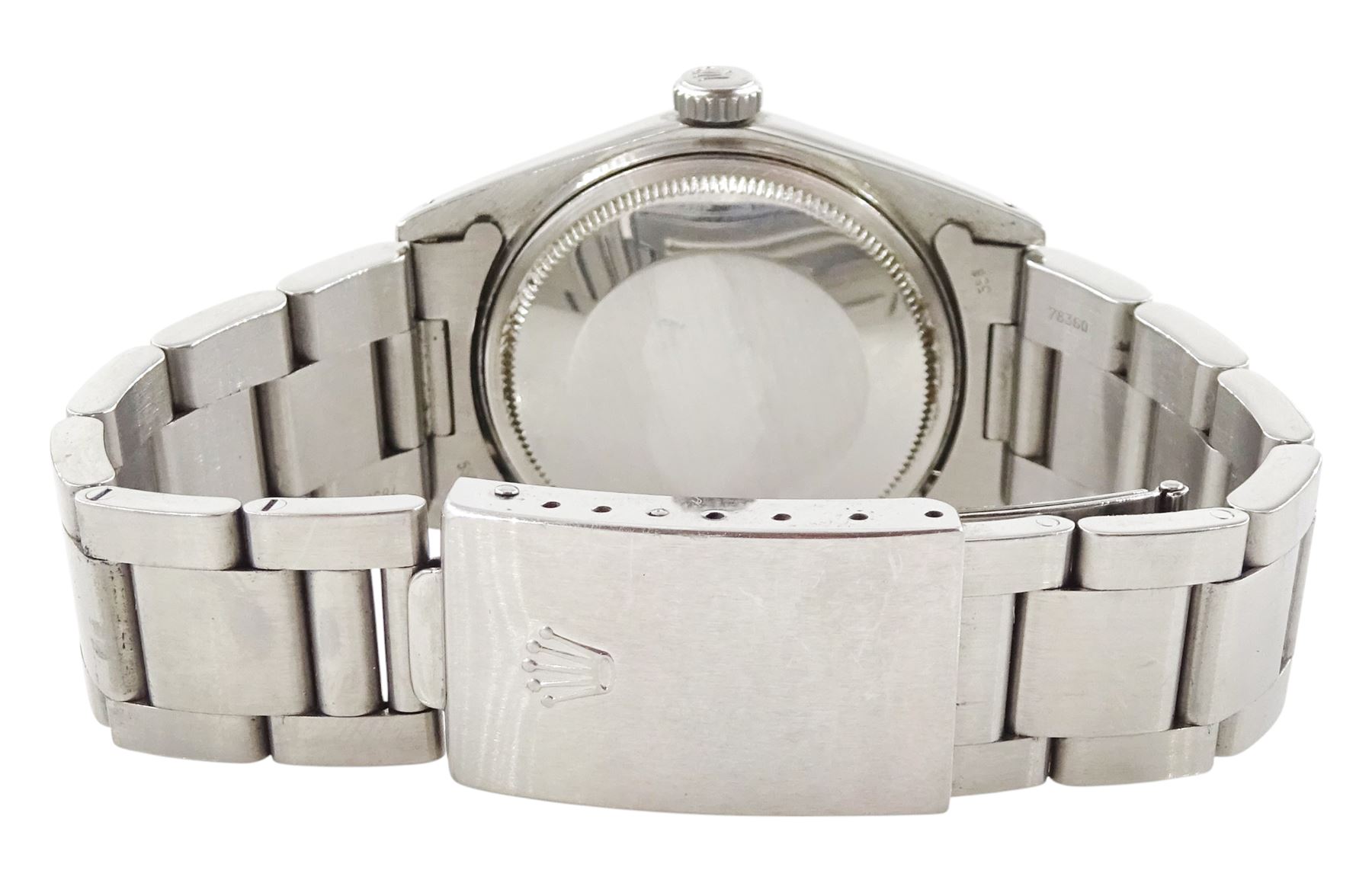 Rolex Oyster Perpetual DateJust gentleman's automatic wristwatch, circa 1970, Ref. 1600, serial No. 2565534, silvered dial with baton hour markers and date aperture, on Rolex Oyster stainless steel bracelet, with fold-over clasp, boxed with papers