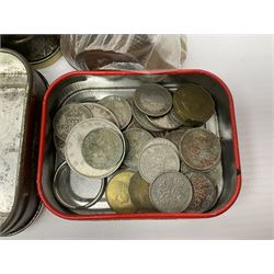 Great British and World coins, including George I 1723 farthing, Queen Victoria 1875 halfcrown, King George V one shilling, pre decimal coinage, commemorative crowns, United States of America 1921 Morgan dollar with soldered loop attached etc