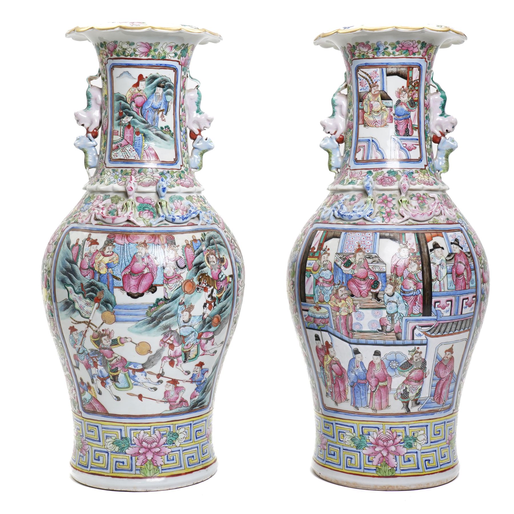 Large pair of 19th century Cantonese famille rose vases, each painted with various courtly scenes, including a display of warriors fighting on horseback before an official and his attendants, double Buddhist lion handles and applied at the shoulders with chilong, the lower band painted with Greek key motif, H58cm (2)