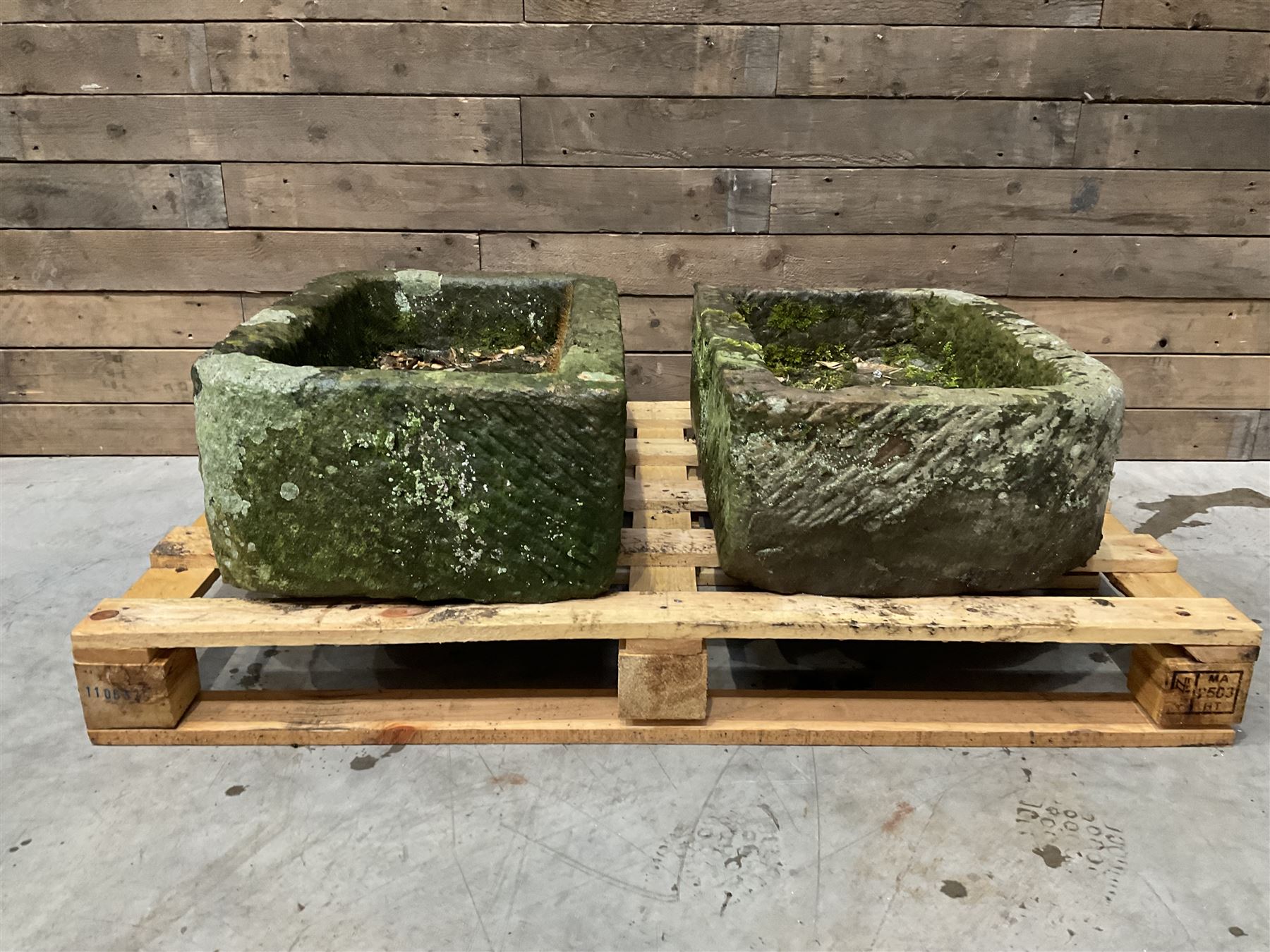 Two 19th century rectangular stone troughs (W72cm, D46cm, H25cm & W70cm, D44cm, H23cm)