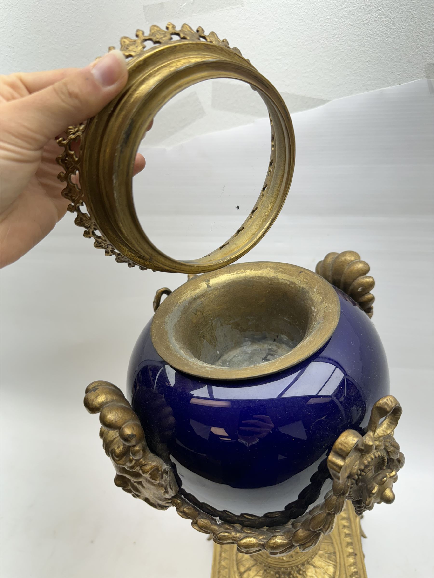 19th century gilt brass mounted lamp base, raised upon lions claw feet, H43cm