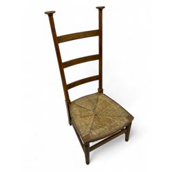 Attributed to William Birch of High Wycombe - Arts & Crafts oak ladder-back side chair, with turned finials, rush seat, and stretchers, raised on square-section supports; 19th century mahogany Pembroke table, rectangular drop-leaf top raised on turned supports with central stretcher and splayed feet