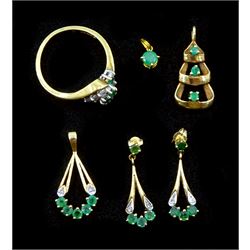 Gold emerald and diamond ring, pair of emerald and diamond pendant stud earrings and matching pendant, all hallmarked 9ct and an 18ct gold circular emerald pendant tested