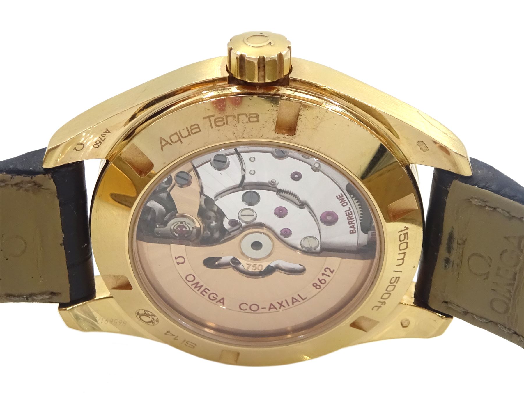 Omega Seamaster Aqua Terra 150M Co-Axial Chronometer Day-Date 18ct gold wristwatch, Cal. 8612, serial No. 86569172, on original black leather strap with 18ct gold fold-over clasp, boxed with certificate and warranty 2016
