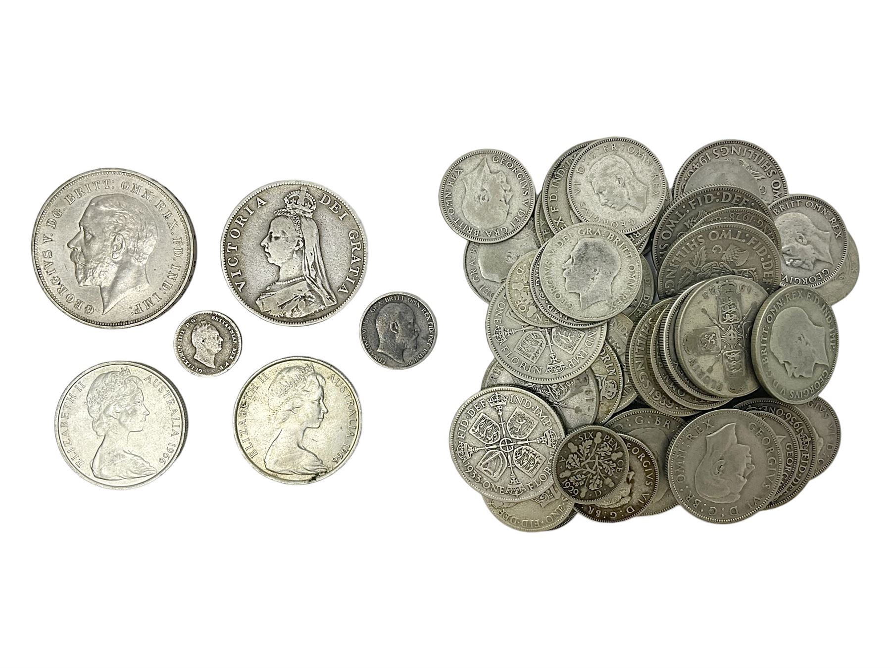 William IIII 1836 fourpence coin, Queen Victoria 1890 double florin, King Edward VII 1904 sixpence, approximately 370 grams of Great British pre 1947 silver coins including King George V 1935 crown and two Queen Elizabeth II Australia 1966 silver fifty cent coins 