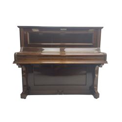 Knauss Coblenz - early 20th century rosewood cased upright piano, straight strung iron movement, simulated ivory keys