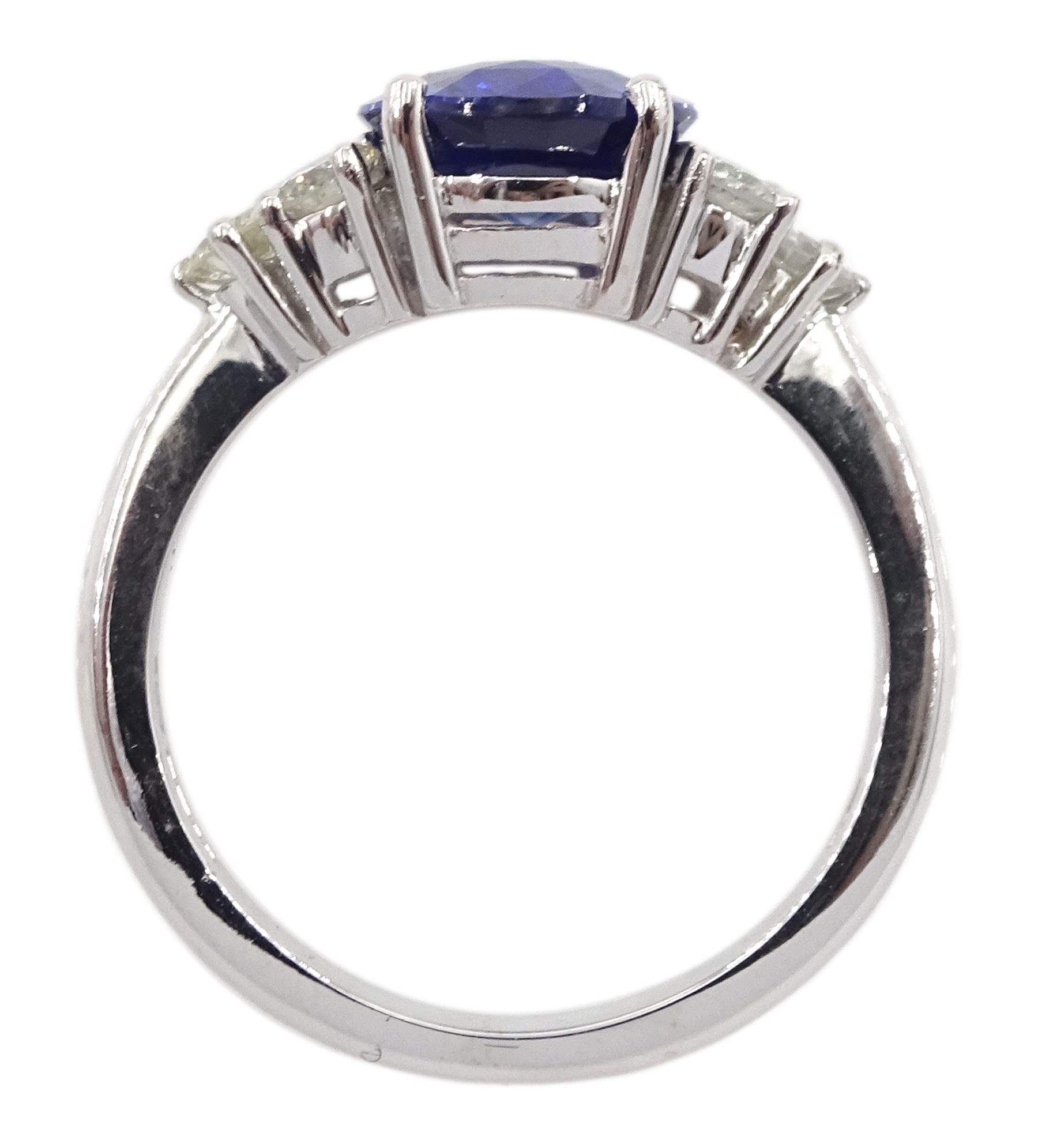 18ct white gold fine oval Ceylon sapphire and six round brilliant cut diamond ring, hallmarked, sapphire approx 2.50 carat, total diamond weight approx 0.50 carat