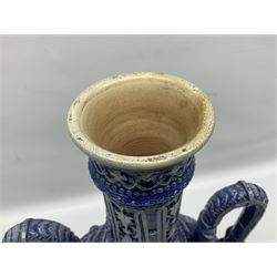 German stoneware blue glazed vase of flattened form with twin handles, H49cm (a/f)