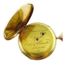 18ct gold open face key wound quarter repeating cylinder pocket watch, the gilt dust cover signed 'Echappement En Pierre... Capt J Freundle? A Geneve, No.542', white enamel dial with Roman numerals and subsidiary seconds dial, plunge repeat in the pendant, engine tuned case