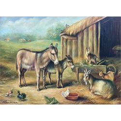 BH Stevenson after Edgar Hunt (British 1876-1953): Donkeys and Goats in the Farmyard, oil on canvas signed and dated '91, 30cm x 40cm