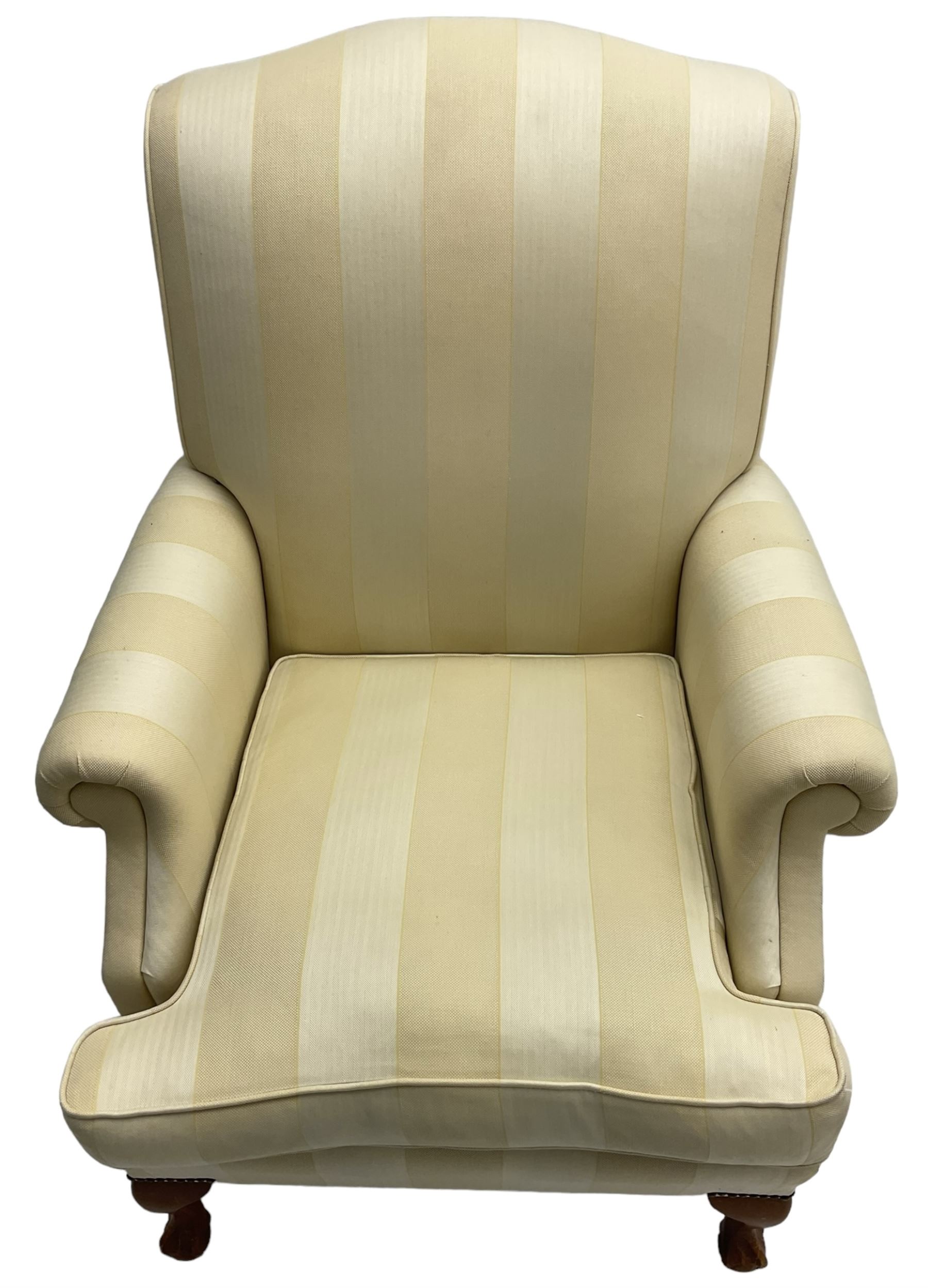 Wesley-Barrell - Georgian design traditional shaped armchair with rolled arms, sprung back and loose seat cushion upholstered in beige striped fabric with gold piping, raised on cabriole supports with ball and claw feet