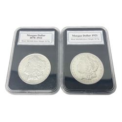 Two United States of America Morgan dollars, dated 1889 and 1921, both housed in plastic cases