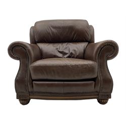 Three seat sofa (W234cm, D100cm), and pair of matching armchairs (W113cm, D100cm), upholstered in brown leather