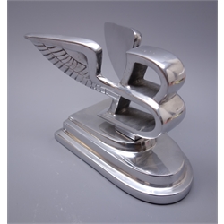  Modern large Bentley aluminium car mascot as a double winged letter B on stepped base L20cm  