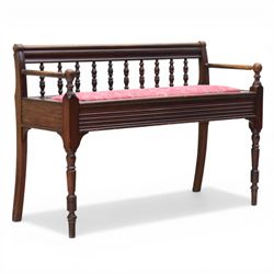 Early 20th century mahogany hall bench, spindle turned back with shaped top rail and open ...