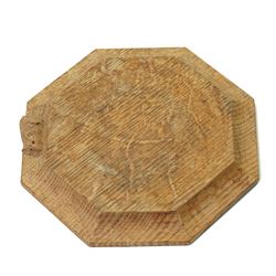 Mouseman - oak octagonal herb chopping board, with carved mouse signature, by the workshop...
