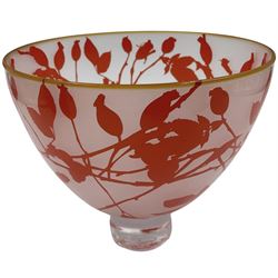 Gillies Jones of Rosedale glass bowl decorated with orange buds with orange rim, upon a short clear tapering foot, signed to base, H13cm D15cm