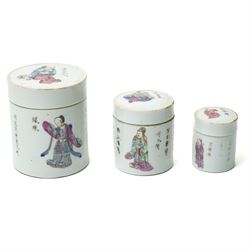 Set of three Chinese famille rose 'Wu Shang Pu' graduating cylindrical jars, circa 1900, each hand-painted with figures and verses from the 'Table of Peerless Heroes', tallest H9cm