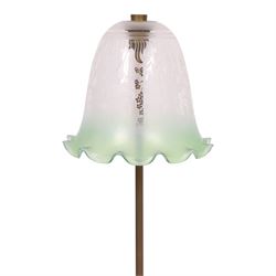 Early 20th century brass table uplight lamp with etched glass shade with fluted rim, H76cm