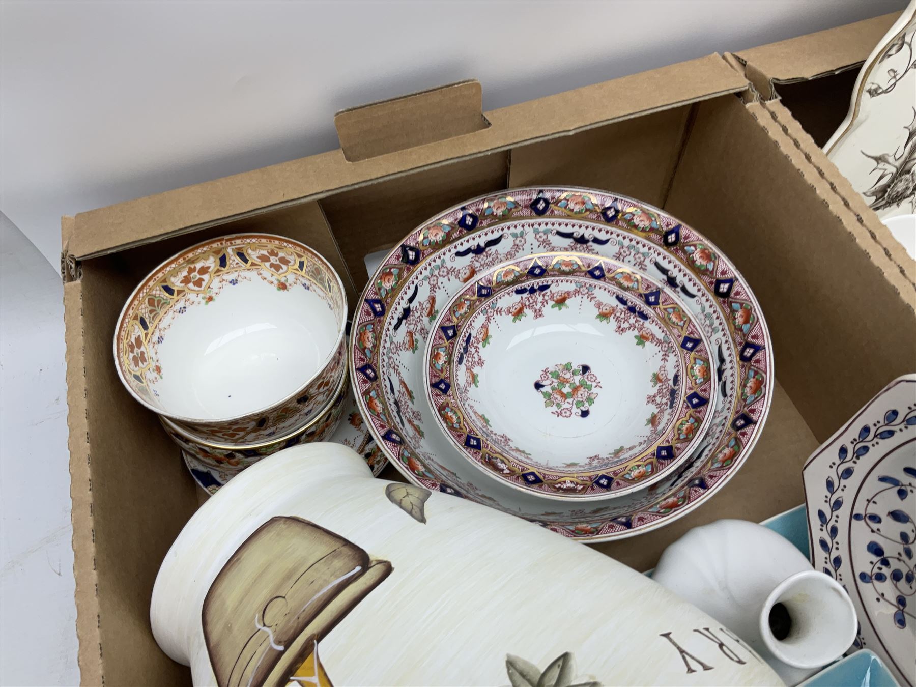 Denby Greenwheat pattern dinner wares, together with Royal Doulton Tumbling Leaves pattern tea and dinner wares, Royal commemorative ceramics including Wedgwood Jasperware table lighter, pair of Victorian glass hand painted vases, large blue and white urn with lid, Noritake part tea set, Staffordshire style dog and other ceramics and collectables, in boxes