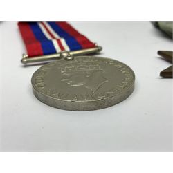 WW1 British War Medal awarded to 28885 Pte. A. Hey R. War. R.; WWI Victory Medal awarded to 7633 Pte. E. Edwards L'Pool R.; two WWII medals; Royal Navy Temperance Society Medal; Services Rendered badge No.B55177; and Home Guard lapel badge