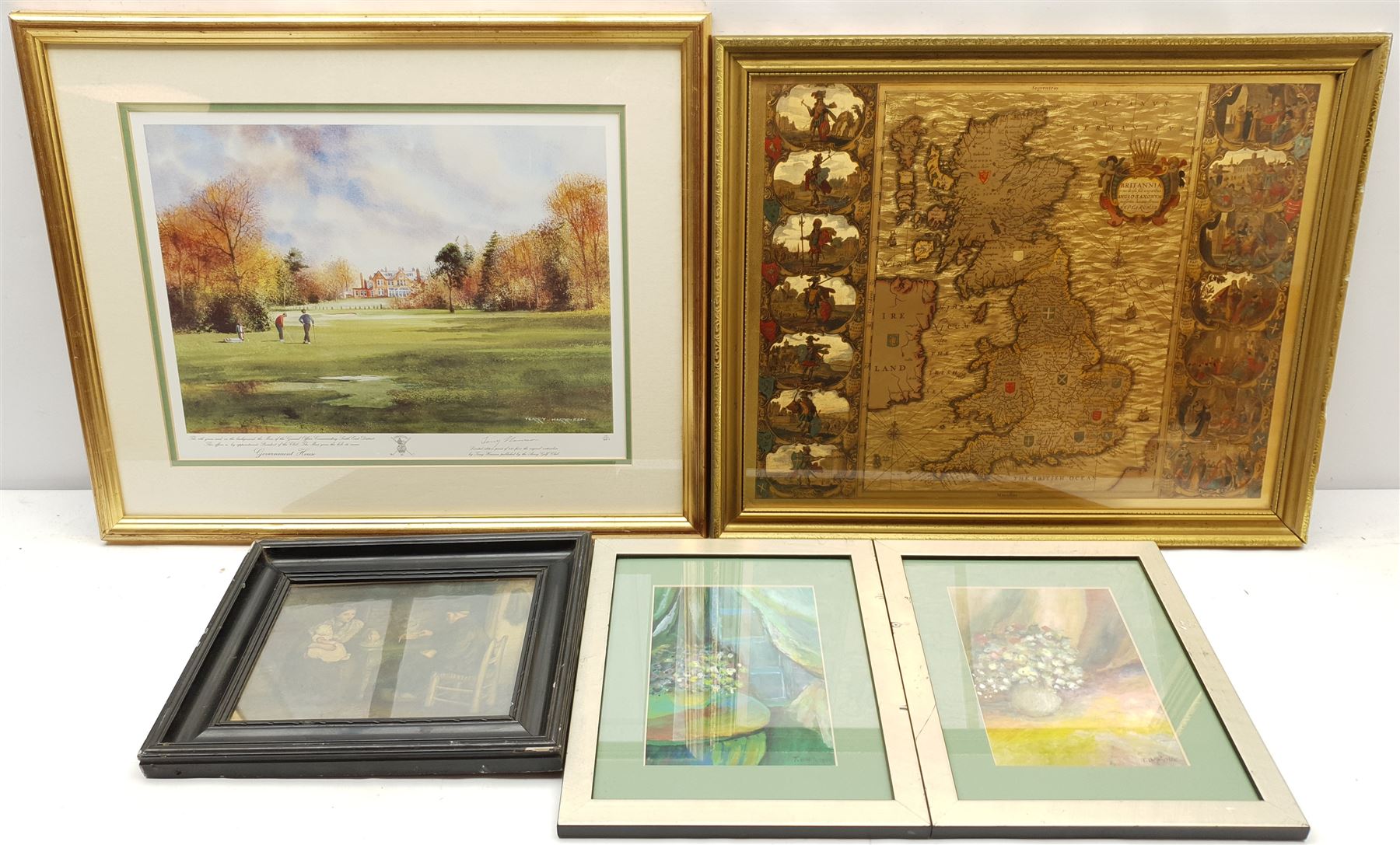 Terry Harrison (British 20th century): 'Government House - The Army Golf Course', limited edition lithograph signed and numbered 10/250 in pencil 31cm x 41cm; T Bartoseek, Still Life of Flowers, pair watercolours signed 20cm x 14cm, together with five further prints (8)