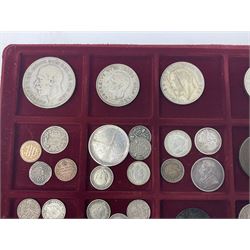 Great British and World coins including King George V 1935 crown, various silver three pence pieces, United States of America 1944 quarter dollar etc, housed in a coin tray