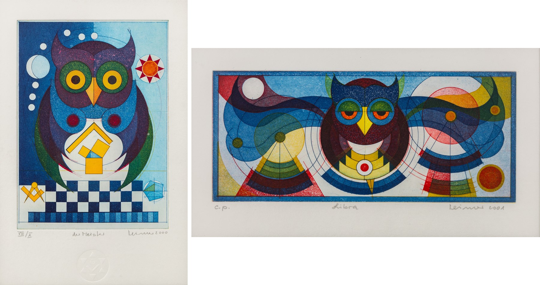 Hans-Joachim 'Jockel' Reisner (German 1938-2023): 'The Master' and 'Libra', two coloured etchings signed titled dated 2000 and 2001, one numbered 8/10 in pencil and stamped with blindstamp max 21.5cm x 15.5cm (2)
Notes: Reisner is best known for creating the Bradford City Fire Memorial in 1986. His style of printmaking is characterised by geometric lines and shapes, influenced by his degree in engineering.