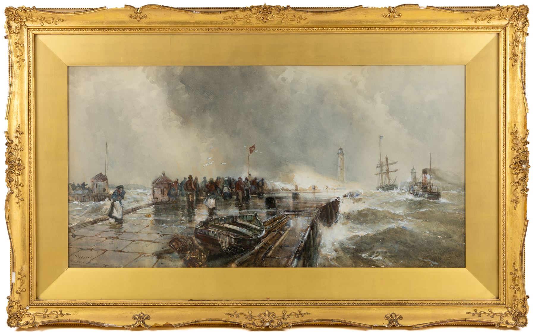 Frank Henry Mason (Staithes Group 1875-1965): 'After the Gale - Whitby', watercolour signed and titled, further titled on original Hare & Whitley label verso 38cm x 75cm in original gilt frame 
Provenance: purchased by Dr C.H. Tattersall from Hare & Whitley c.1906 and thence by descent through the family; never since been on the open market.