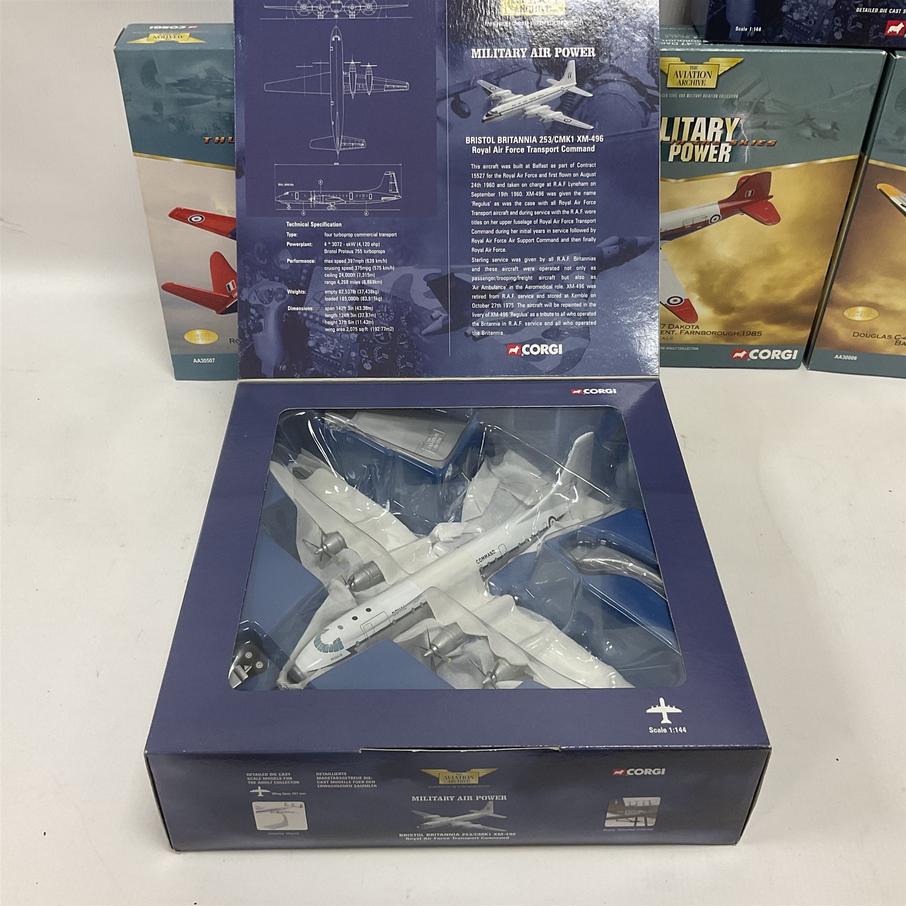 Corgi - Aviation Archive, five ‘Military Air Power’ 1:144 scale models comprising first issue 47509 Lockheed C-121A Constellation Mats; limited edition 48604 Bristol Britannia 253/CMK1 XM-496 Royal Air Force Transport Command limited edition no.1863/2700; two limited edition Thunder in the Skies models AA30005 Douglas C-47 Dakota no.1093/1900, and AA30507 Vickers V.838 Viscount no.1366/1500; limited edition AA30006 Modern Era Douglas C-47A Dakota - USAF 20th Tactical Fighter Wing no.639/1400; all boxed 