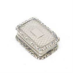 Georgian silver vinaigrette, of typical rectangular form, with engraved decoration and blank cartouche to hinged cover, opening to reveal gilt interior, with personal engraving, hallmarked Ledsam, Vale & Wheeler