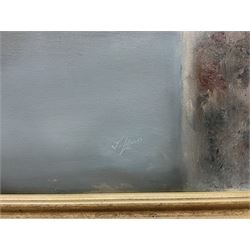 Judith Levin (British 1956-): Floral Arrangements beside a Window, oil on canvas signed 60cm x 50cm 