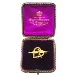 Early 20th century 15ct gold seed pearl swallow and heart brooch, in velvet and silk lined box