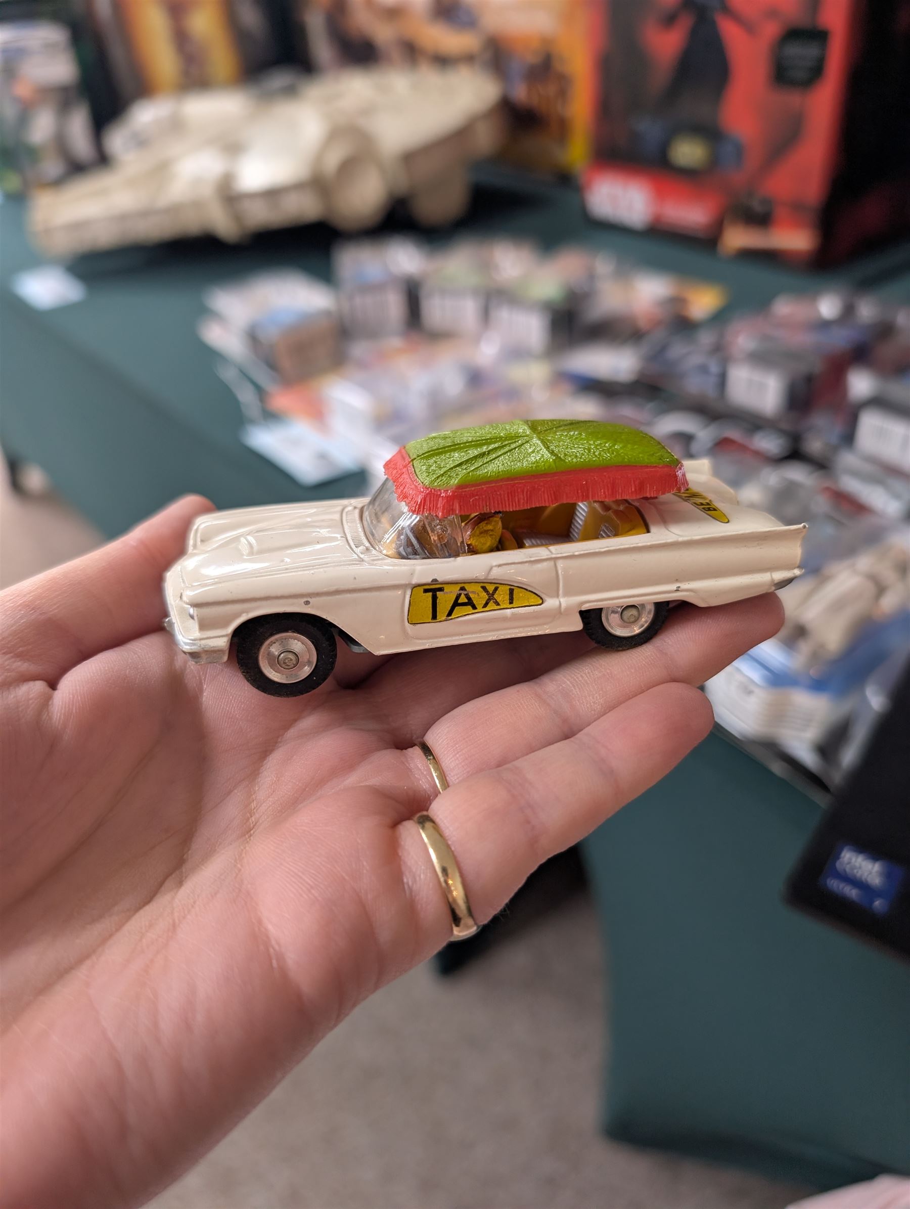 Corgi Toys Ford Thunderbird Bermuda Taxi no. 430, white body with yellow lettering with red and green plastic canopy, boxed