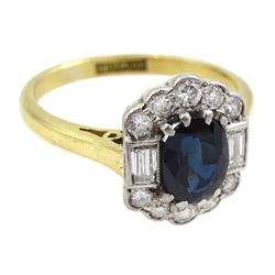 Gold oval sapphire, baguette and round cut diamond cluster ring,  stamped 18ct Plat