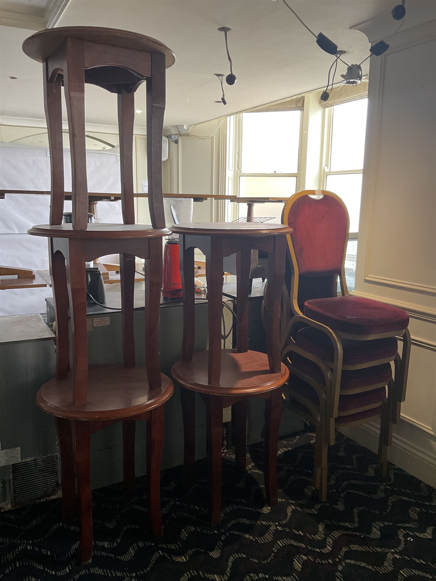 Seven circular bar tables (D55cm), two coffee tables and five conference chairs- LOT SUBJECT TO VAT ON THE HAMMER PRICE - To be collected by appointment from The Ambassador Hotel, 36-38 Esplanade, Scarborough YO11 2AY. ALL GOODS MUST BE REMOVED BY WEDNESDAY 15TH JUNE.