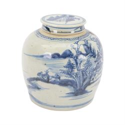 19th century Chinese blue and white ginger jar and cover, decorated with a pagoda in a landscape, H22cm 