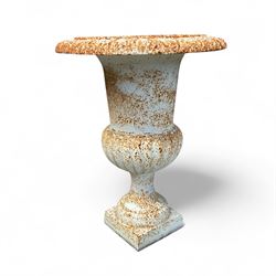 Pair of Victorian design painted cast iron garden urns, egg and dart rim, tapering column on pedestal base