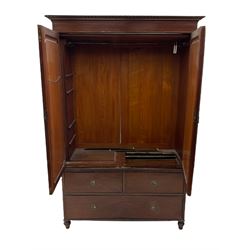 Late 20th century mahogany press cupboard, projecting gardroon carved cornice over two panelled doors, two drawers below