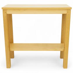 Woodwormman - oak console table, rectangular top over open frame with plain frieze, united by a low tier stretcher shelf, with carved Woodworm signature, by Nigel Dixon, Topcliffe, Thirsk