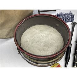 Disassembled early 20th century Boys Brigade snare drum D37cm with copy WW1 period photograph of the Kirbymoorside Boys Brigade; early 20th century hardwood clarinet; bagpipes chanter; and Dulcet E-flat penny whistle